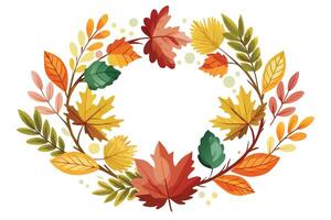 Autumn Leaves Wreath with Maple and Oak Foliage on White Background Round vector