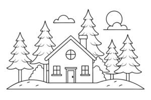 Outline House with Conifer Trees, Clouds and Sun on White Background vector