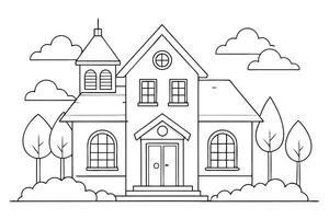 Outline House with Clouds and Trees, Simple Line Art Residence on White vector