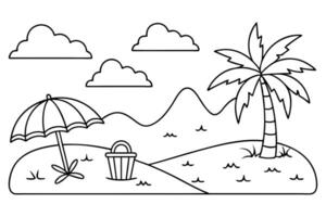 Beach Outline, Tropical Island with Palm Tree, Clouds, Umbrella, Bucket and Ocean vector