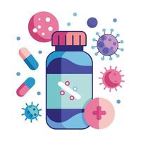 Blue Medicine Bottle with Capsules and Virus around on a White Background Design vector