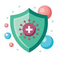 Teal Shield with Pink Virus and Plus Sign Icon Against White Background Flat Design vector