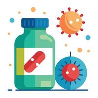 Pill Bottle with Capsule and Virus Elements Flat in White Background vector