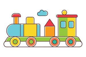Bright Train with Blocks and Cloud in Outline Style on White Background vector