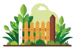Rustic Fence Bordered by Lush Greenery on White Backdrop Flat Design vector