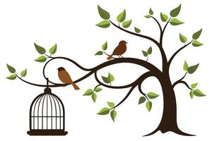 Tree with Leaves and Birds near Cage on Branch Against White Backdrop vector
