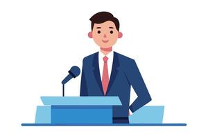 Flat Design Speaker Behind Podium with Microphone in Blue Suit and Red Tie on White vector