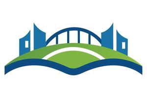 Bridge and Building with Green Hill and Blue Water Element Design vector