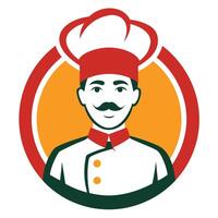 Flat Chef Portrait in Chef Hat with Moustache Inside Circle on White Background vector