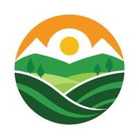 Abstract Round Landscape with Mountains, Trees, Sun, and Green Fields vector