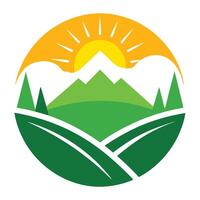 Scenic Landscape Circle Design with Green Fields, Mountains and Yellow Sun vector