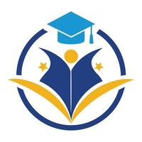 Education Icon with Graduation Cap, Person, Stars, and Circle on White Background vector