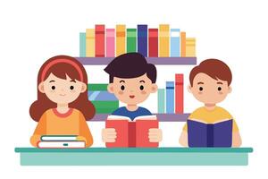 Cartoon Kids Reading Book Together at Desk with Colorful Bookshelf on White vector