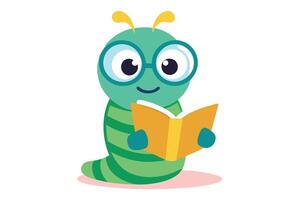 Cartoon Striped Green Worm with Glasses Reading a Book on White Background vector