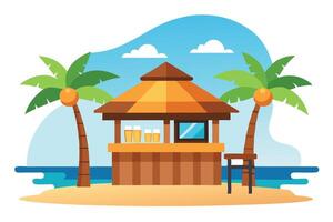 Beach bar kiosk at coast with palms, ocean and summer vibes in flat vector