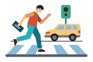 Flat Man Running at Crosswalk With Yellow Car, Traffic Light on White vector
