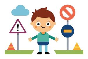 Cartoon Boy Near Road Signs, Triangular Warning and Cloud on White Background vector
