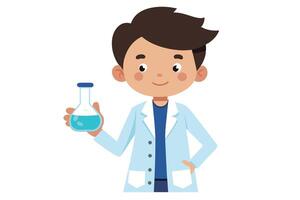 Cartoon Scientist Holding Flask with Blue Liquid on White Background vector