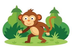 Cute Cartoon Monkey Walking in Green Jungle Background with Flat Style Design vector