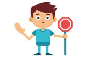 Cartoon Boy with Stop Sign on Stick with Simple Design on a White Background vector