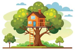 Whimsical Treehouse Structure with Ladder and Nature Landscape vector