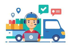 Courier Boy with Laptop in Delivery Van and Cardboard Boxes in Flat Design vector