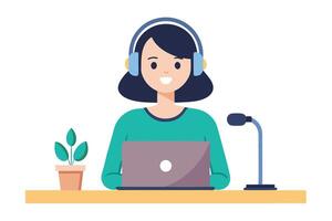 Smiling Woman with Laptop, Headset, and Microphone on Desk with White Background vector
