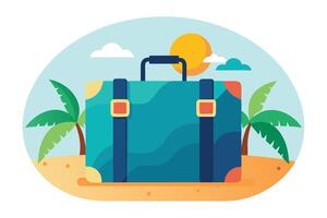 Retro Blue Suitcase with Palm Trees and Sun on Beach Flat vector