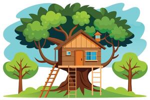 Stylized Treehouse with Ladder, Trees and Blue Sky Background Design vector