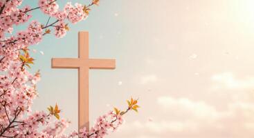 Wooden cross surrounded by blooming cherry blossoms under a soft pastel sky at sunset photo