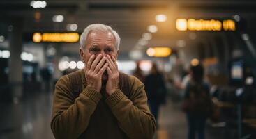 Elderly man with worried expression in busy airport terminal, surrounded by travelers and signs - mouth agape photo
