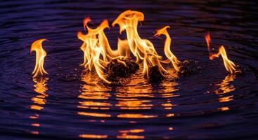 Flames dancing above water, creating mesmerizing reflections at dusk, showcasing nature's beauty photo