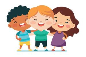 Diverse Kids Hugging with Joyful Smiles on White Background, Cartoon Style vector