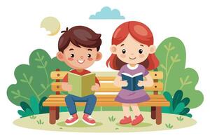 Cartoon Boy and Girl Reading Books on a Bench in Park with Trees and Cloud vector
