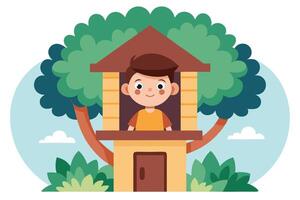 Cheerful Boy in Treehouse Flat Design, Cartoon Style, Playful, Outdoor Adventure vector