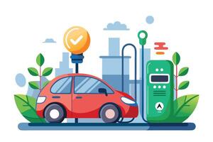 Red car charging at a green station with foliage and city in background on white vector
