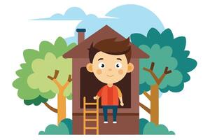 Cartoon Boy by Treehouse with Ladder in Yard Flat Style vector