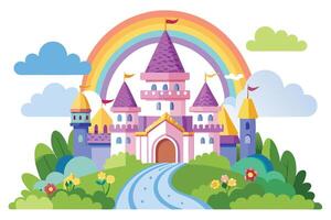 Whimsical Fairytale Castle with Rainbow, Path, Flowers, Clouds, on White Background vector