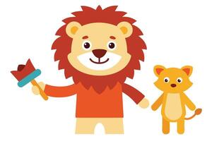 Joyful Cartoon Lion Holding Torch with Cub on White Background Flat Design vector