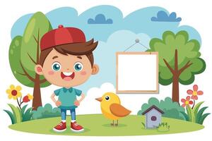 Happy Smiling Boy with Yellow Bird in a Playful Cartoon Setting vector
