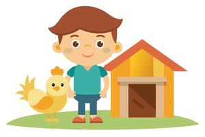 Cute Boy with Chicken near Coop, Cartoon Style on White Background vector