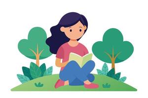 Woman Reading Book Sitting in Park on White Background vector