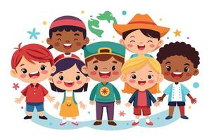 Diverse Happy Cartoon Kids Group Standing Together with Joyful Smiling Faces and Hats vector