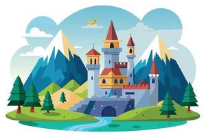 Cartoon Fairy Tale Castle with Mountains, Trees, and River in Flat Design vector