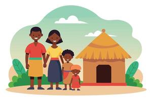 Cartoon of African Family Near Hut, Flat Design with Trees and Sky Background vector