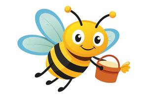 Smiling Cartoon Bee Flying with Honey Bucket on White Background vector
