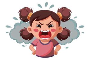Furious Cartoon Girl Shouting, Angry Expression with Steam on a White Background vector