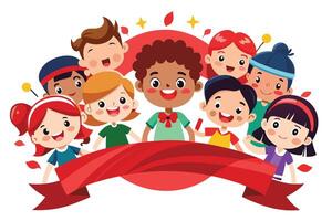 Cheerful Multicultural Kids with Ribbon Banner on White Background vector