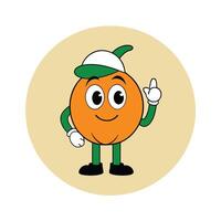 Cute Citrus Cartoon Character in Baseball Cap Pointing Up On Light Yellow Backdrop vector