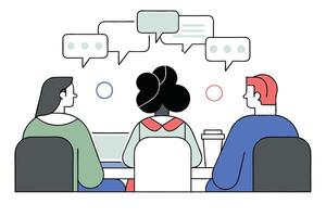 Three People at Table with Speech Bubbles Flat Style vector